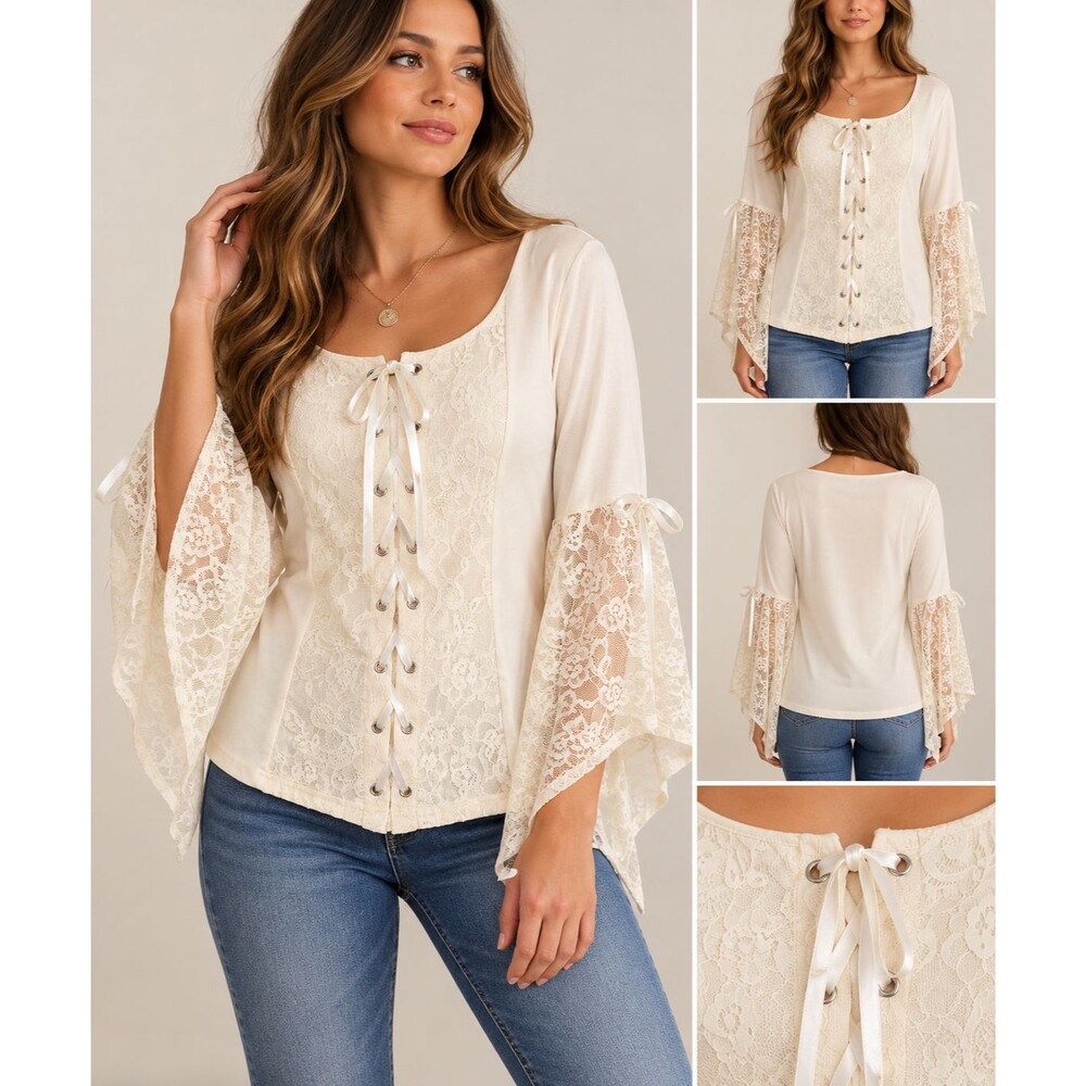 Scarlet Darkness 2XL Ivory Lace Up Blouse Bell Sleeve Renaissance Goth NWT